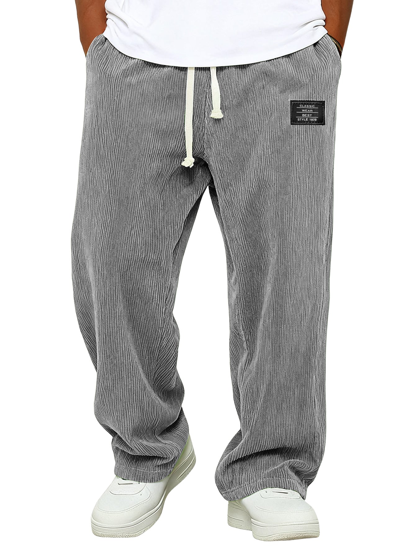 Simple Corduroy Embroidered Logo Loose-fitting Trousers With Elastic Waist