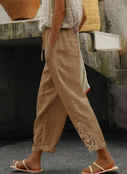 Fashionable Lace Paneled High-Waist Drawstring Pocket Buttoned Cropped Pants