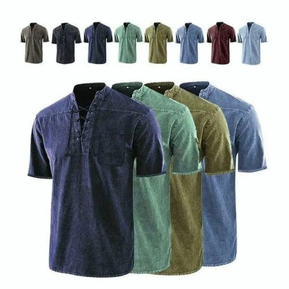 Men Gothic Retro T Shirt Lace-up V-neck Linen Pocket Short Sleeve Tee Shirt Loose Tops