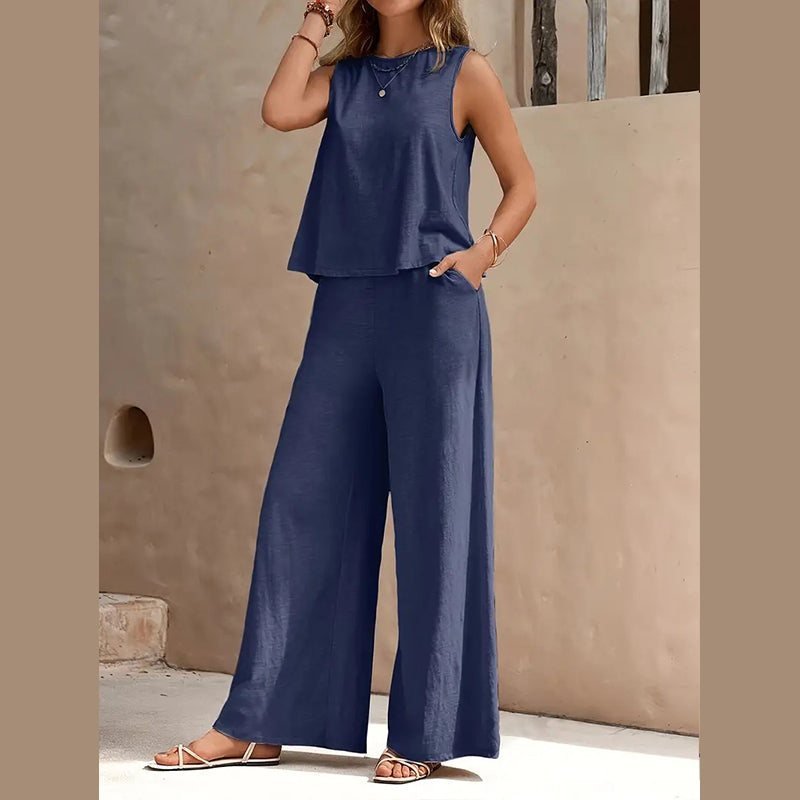 2025 Solid color elegant two-piece crewneck vest and wide-leg pants suit for women