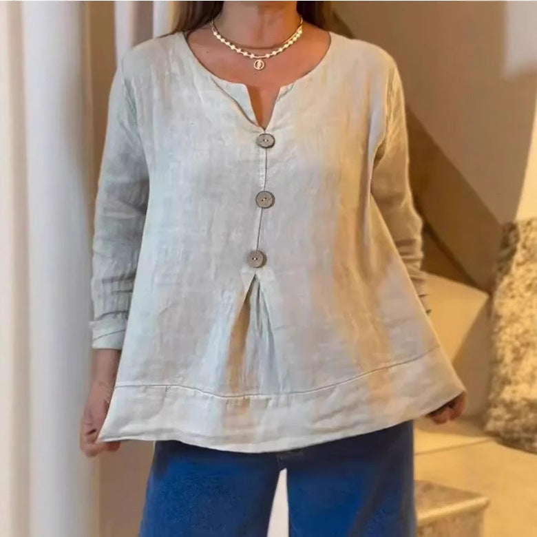 Women's solid-color casual cotton-linen V-neck shirt