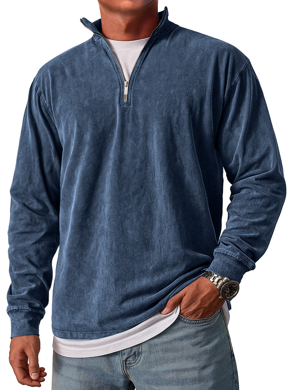 Men's Retro Stand Collar Zipper Casual Loose Solid Color Long Sleeve T-shirt