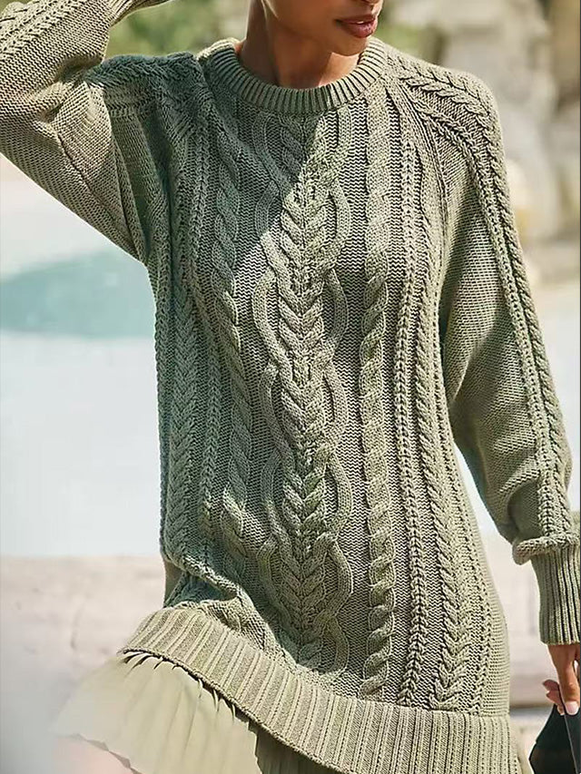 Women Crewneck Cable Knit Sweater Mini Dress