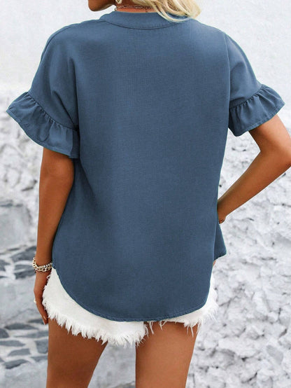 Casual short-sleeved gathered buttoned solid-color cotton-linen stand-collar shirt
