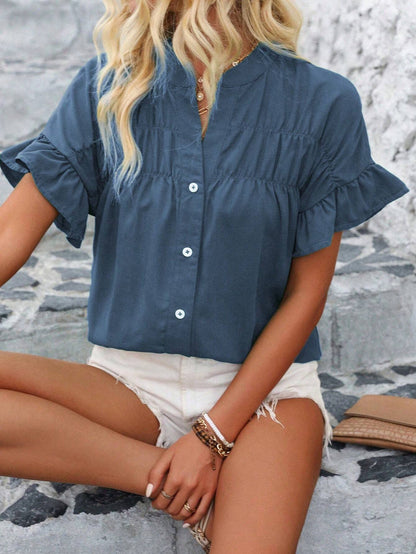 Casual short-sleeved gathered buttoned solid-color cotton-linen stand-collar shirt