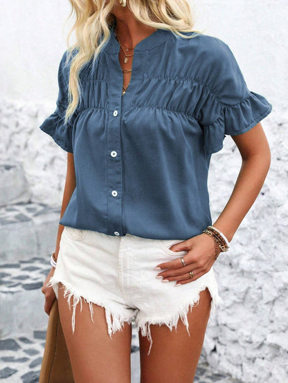 Casual short-sleeved gathered buttoned solid-color cotton-linen stand-collar shirt