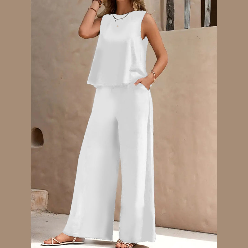 2025 Solid color elegant two-piece crewneck vest and wide-leg pants suit for women