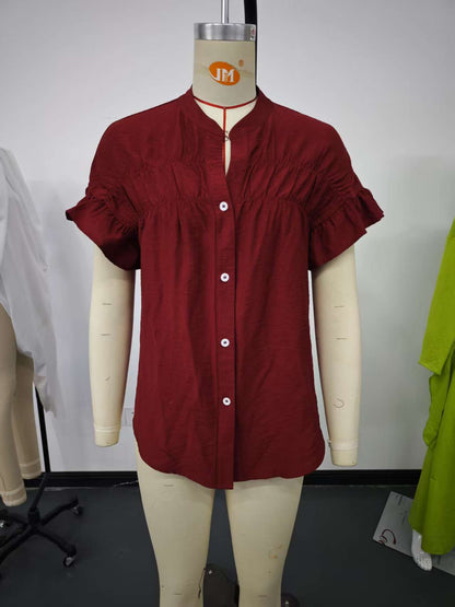 Casual short-sleeved gathered buttoned solid-color cotton-linen stand-collar shirt