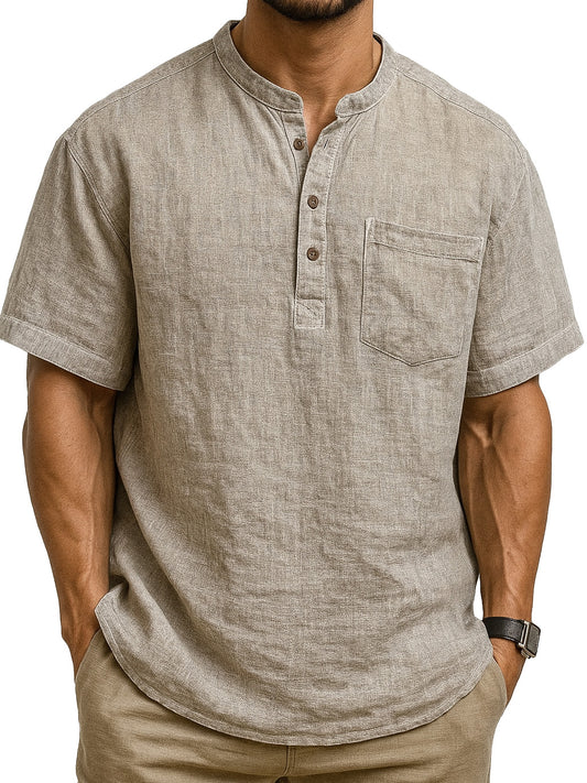 Men's Fashion Retro Ramie Fabric Pocket Short-sleeved Henley Shirt