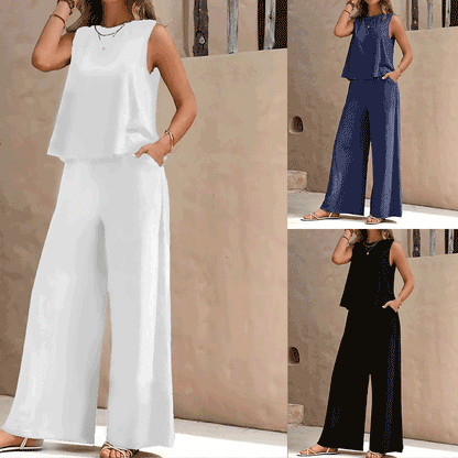 2025 Solid color elegant two-piece crewneck vest and wide-leg pants suit for women
