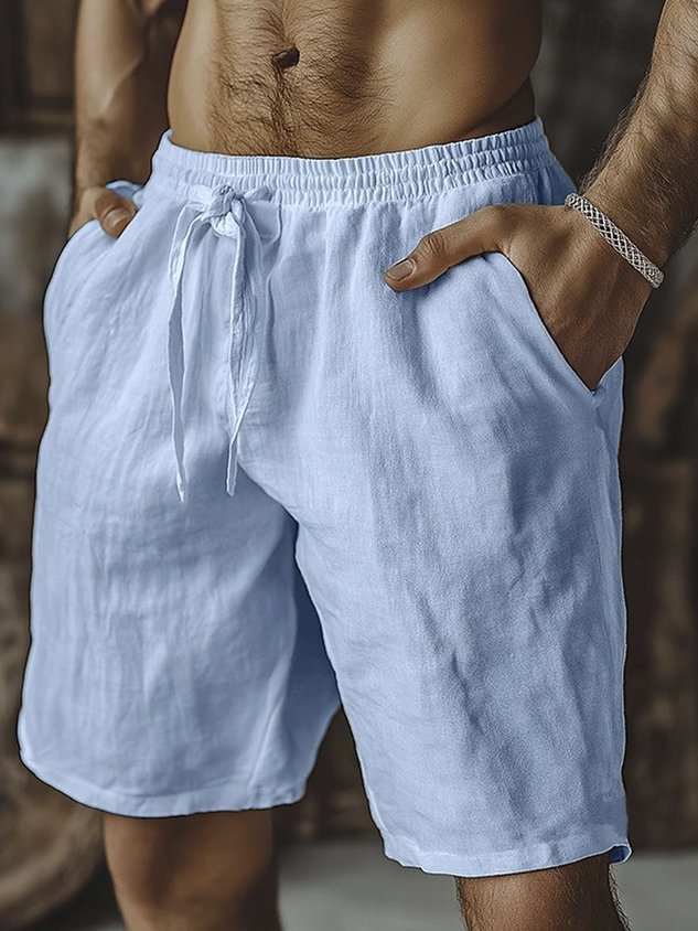 Hawaiian Vacation Solid Color Casual Cotton and Linen Men's Beach Shorts Big & Tall