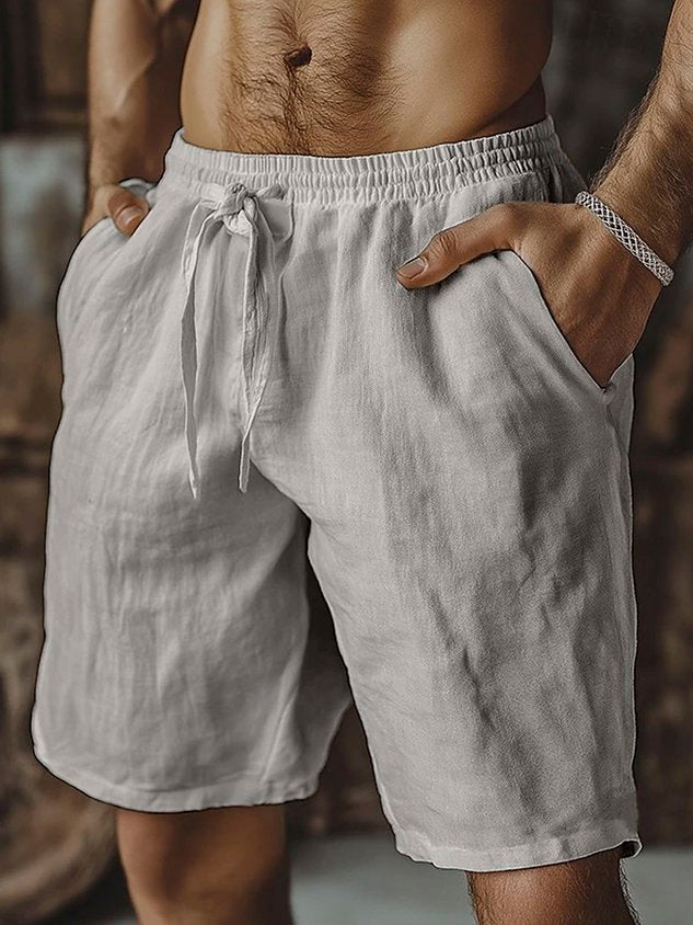 Hawaiian Vacation Solid Color Casual Cotton and Linen Men's Beach Shorts Big & Tall