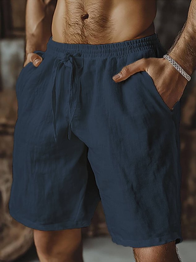 Hawaiian Vacation Solid Color Casual Cotton and Linen Men's Beach Shorts Big & Tall