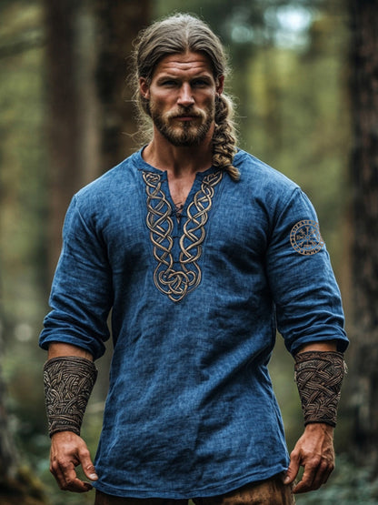 Men's Vintage Viking Symbol Linen V-neck Shirt