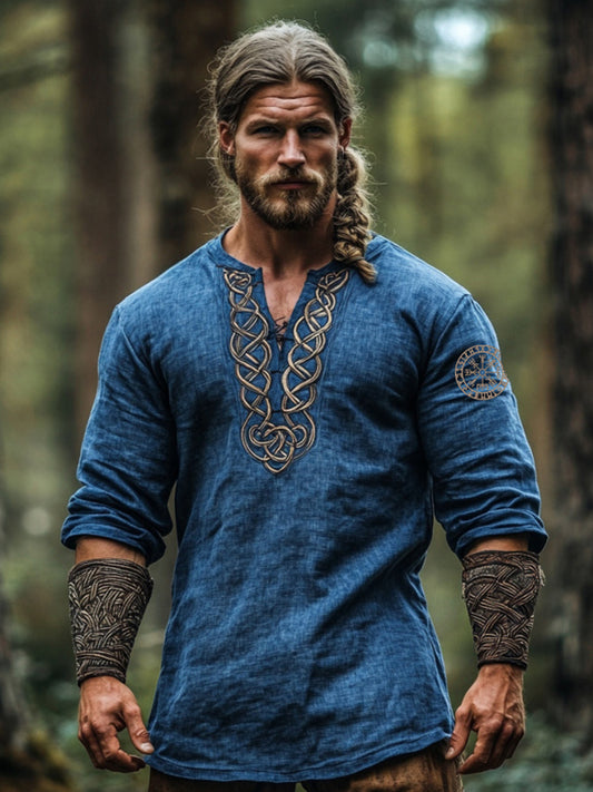 Men's Vintage Viking Symbol Linen V-neck Shirt