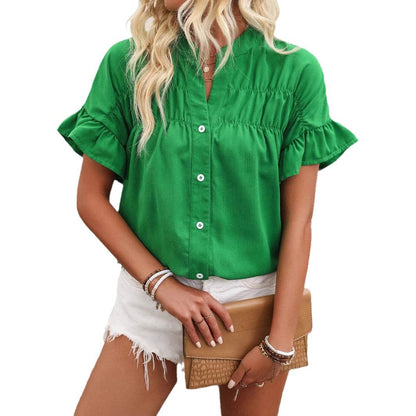 Casual short-sleeved gathered buttoned solid-color cotton-linen stand-collar shirt