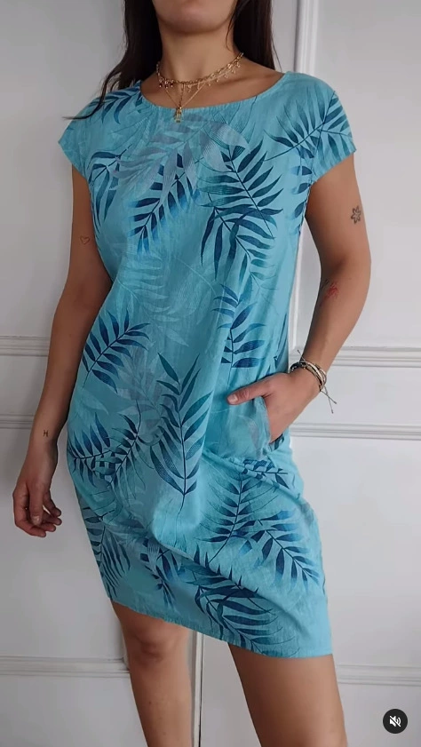 Women's Cotton and Linen Round Neck Printed Dress