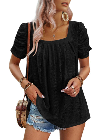 ✨Women's Hollow Pleated Short Sleeves Square Neck Knit T Shirts Tops(Buy 3 Free Shipping)