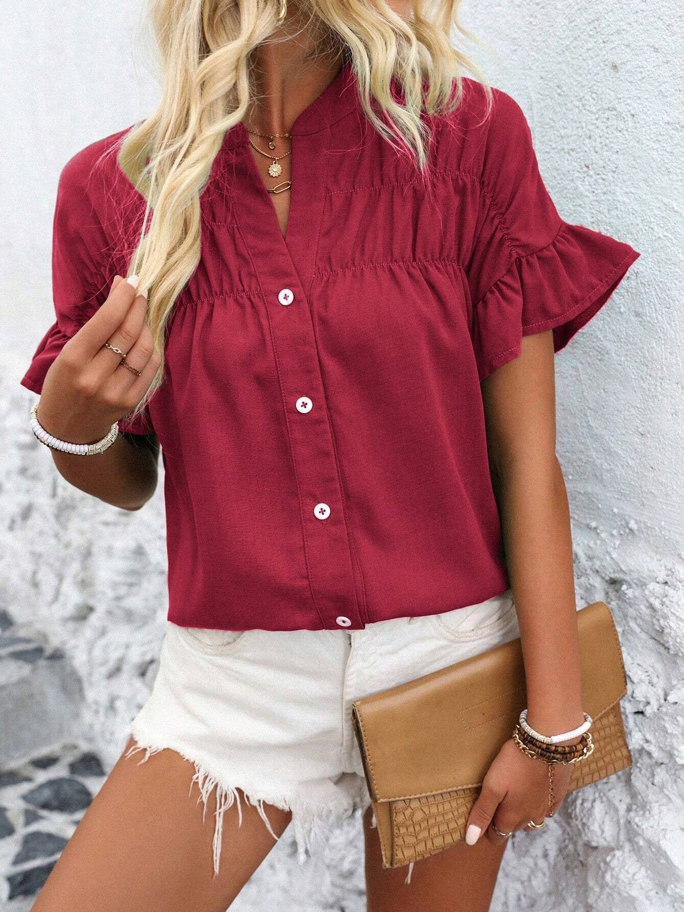 Casual short-sleeved gathered buttoned solid-color cotton-linen stand-collar shirt