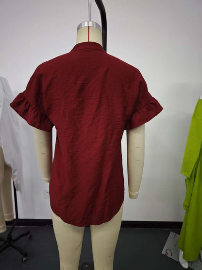 Casual short-sleeved gathered buttoned solid-color cotton-linen stand-collar shirt