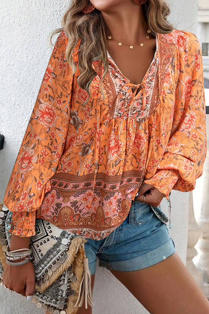 Floral Print Long Sleeve V Neck Casual Tops