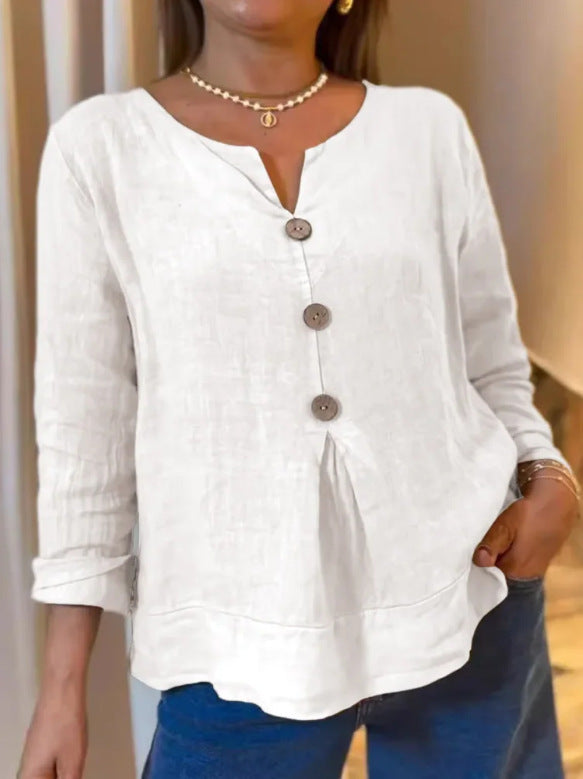 Women's solid-color casual cotton-linen V-neck shirt