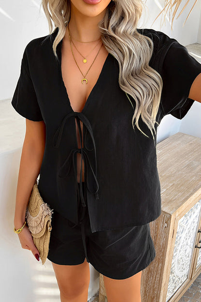 Solid Black V Neck Two Pieces Set