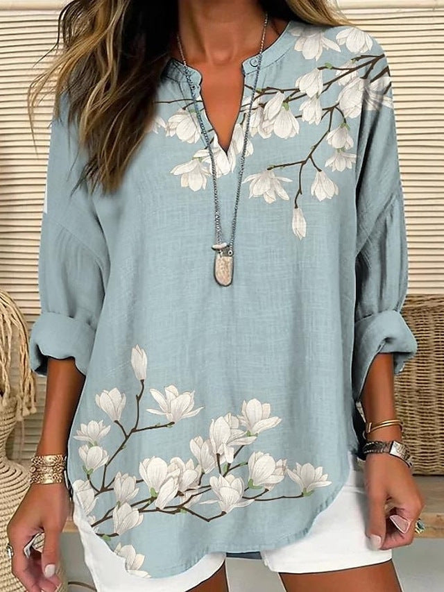 Summer Small V-neck Long-sleeved Floral Print Simple Casual Elegant T-shirt