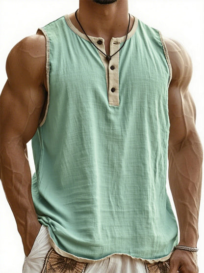 Men's Vintage Breathable Linen Sleeveless Henley Three-Button T-Shirt