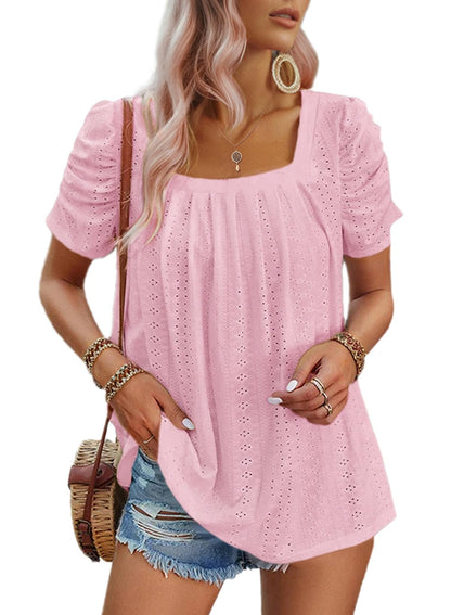 ✨Women's Hollow Pleated Short Sleeves Square Neck Knit T Shirts Tops(Buy 3 Free Shipping)