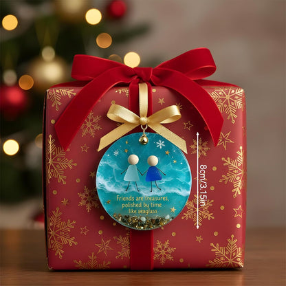 Friendship Sea Glass Christmas Ornament, Ocean Style Timeless Friendship Christmas Bells Flake Keepsake, Shaped by Nature & Crafted by Hand Acrylic Sea Glass Art for Friends (Set of 6)