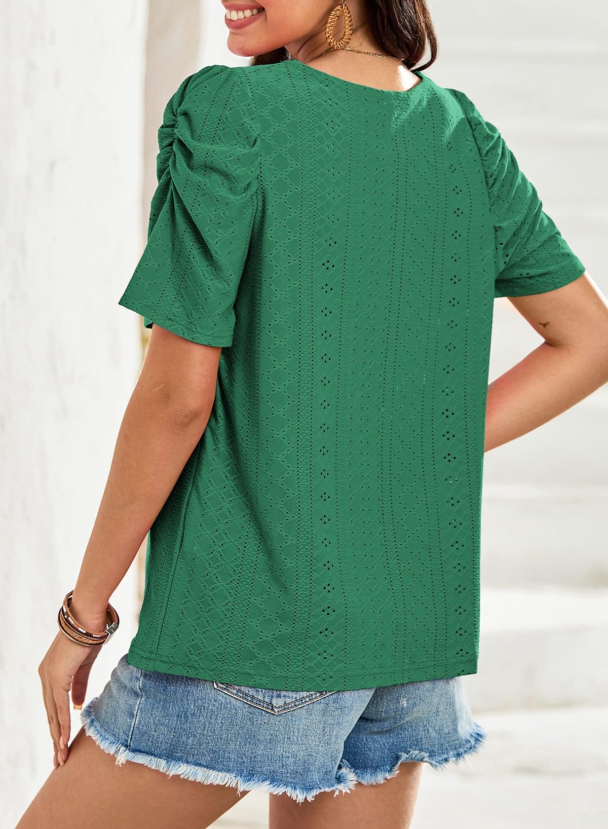 ✨Women's Hollow Pleated Short Sleeves Square Neck Knit T Shirts Tops(Buy 3 Free Shipping)