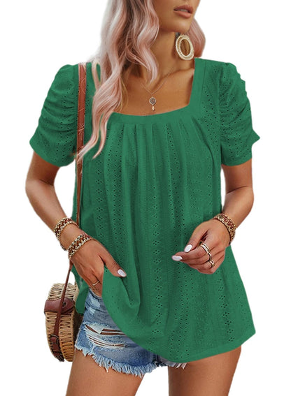 ✨Women's Hollow Pleated Short Sleeves Square Neck Knit T Shirts Tops(Buy 3 Free Shipping)