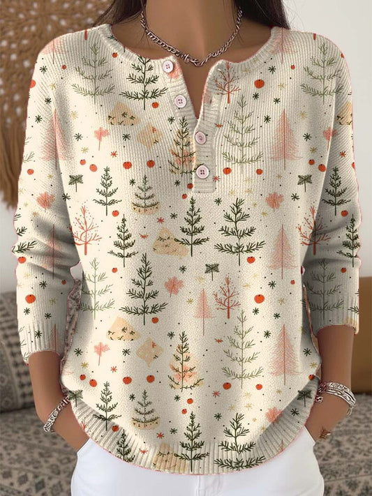 Women's Christmas Tree Art Print Buttoned Cardigan Sweater