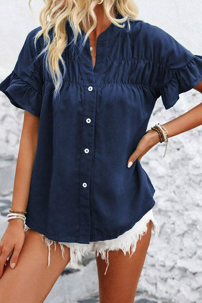 Solid Color Ruffle Sleeve Casual Tops