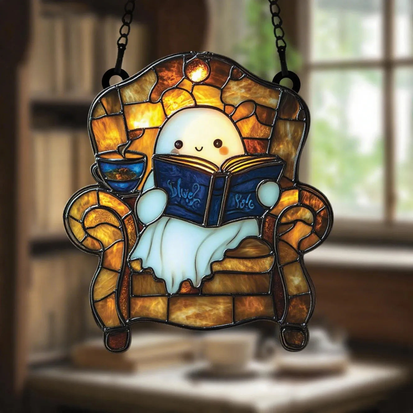 👻📚Ghost Reading Book Suncatcher Hanging Decor