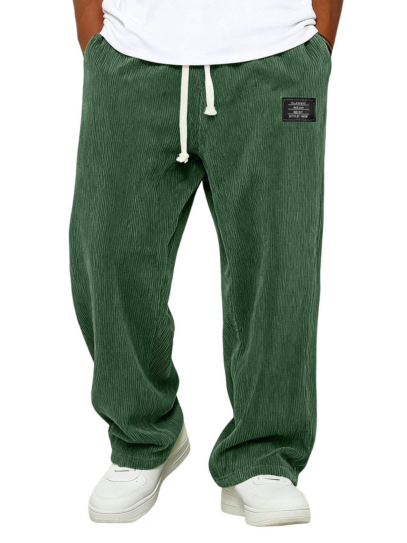 Simple Corduroy Embroidered Logo Loose-fitting Trousers With Elastic Waist