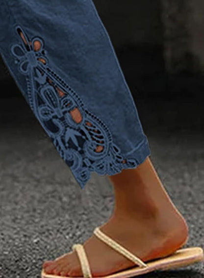 Fashionable Lace Paneled High-Waist Drawstring Pocket Buttoned Cropped Pants