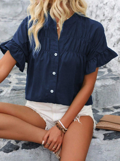Casual short-sleeved gathered buttoned solid-color cotton-linen stand-collar shirt