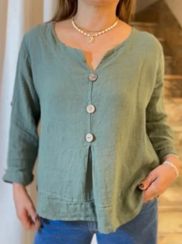 Women's solid-color casual cotton-linen V-neck shirt