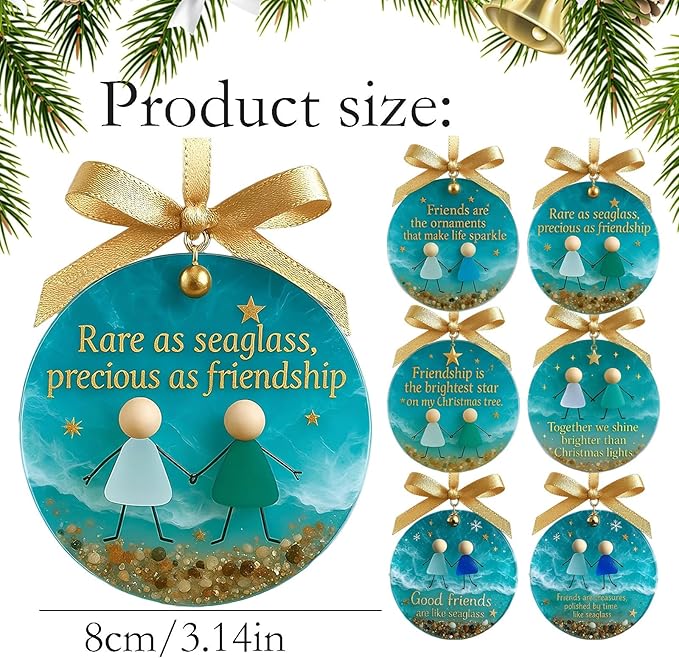 Friendship Sea Glass Christmas Ornament, Ocean Style Timeless Friendship Christmas Bells Flake Keepsake, Shaped by Nature & Crafted by Hand Acrylic Sea Glass Art for Friends (Set of 6)