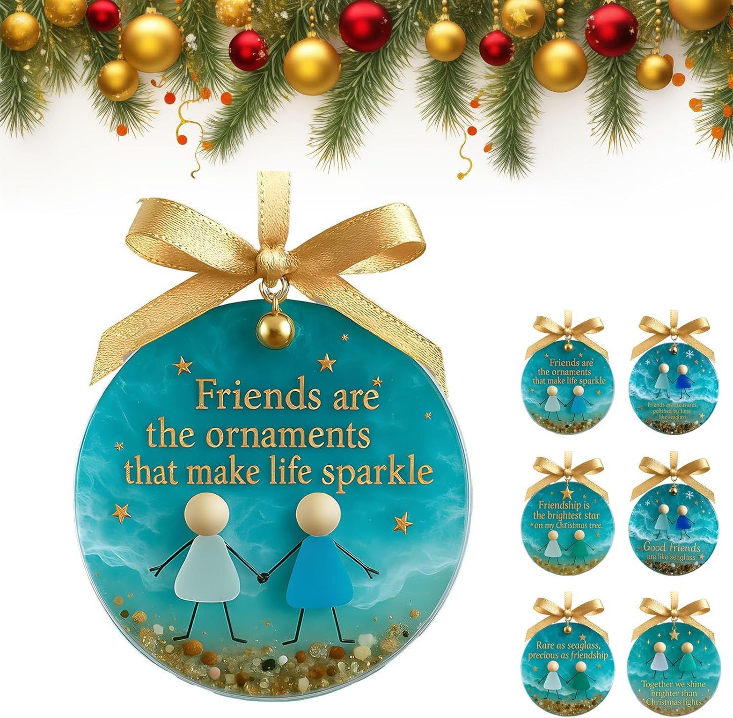 Friendship Sea Glass Christmas Ornament, Ocean Style Timeless Friendship Christmas Bells Flake Keepsake, Shaped by Nature & Crafted by Hand Acrylic Sea Glass Art for Friends (Set of 6)