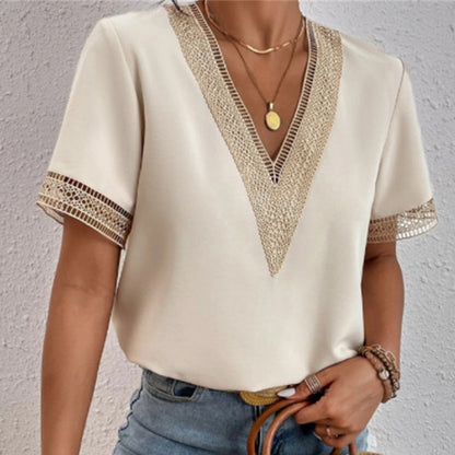 Women's V-Neck Gold Accent Blouse | Short Sleeves