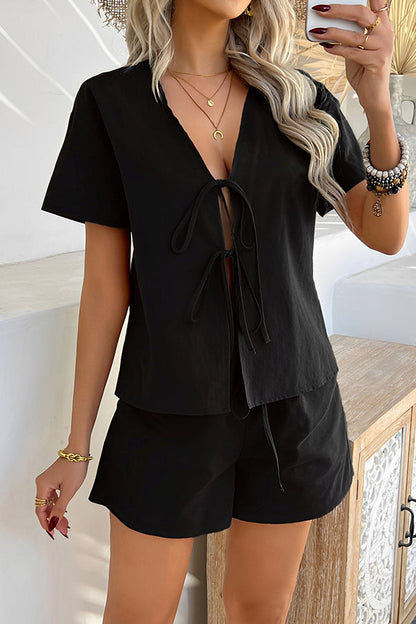 Solid Black V Neck Two Pieces Set