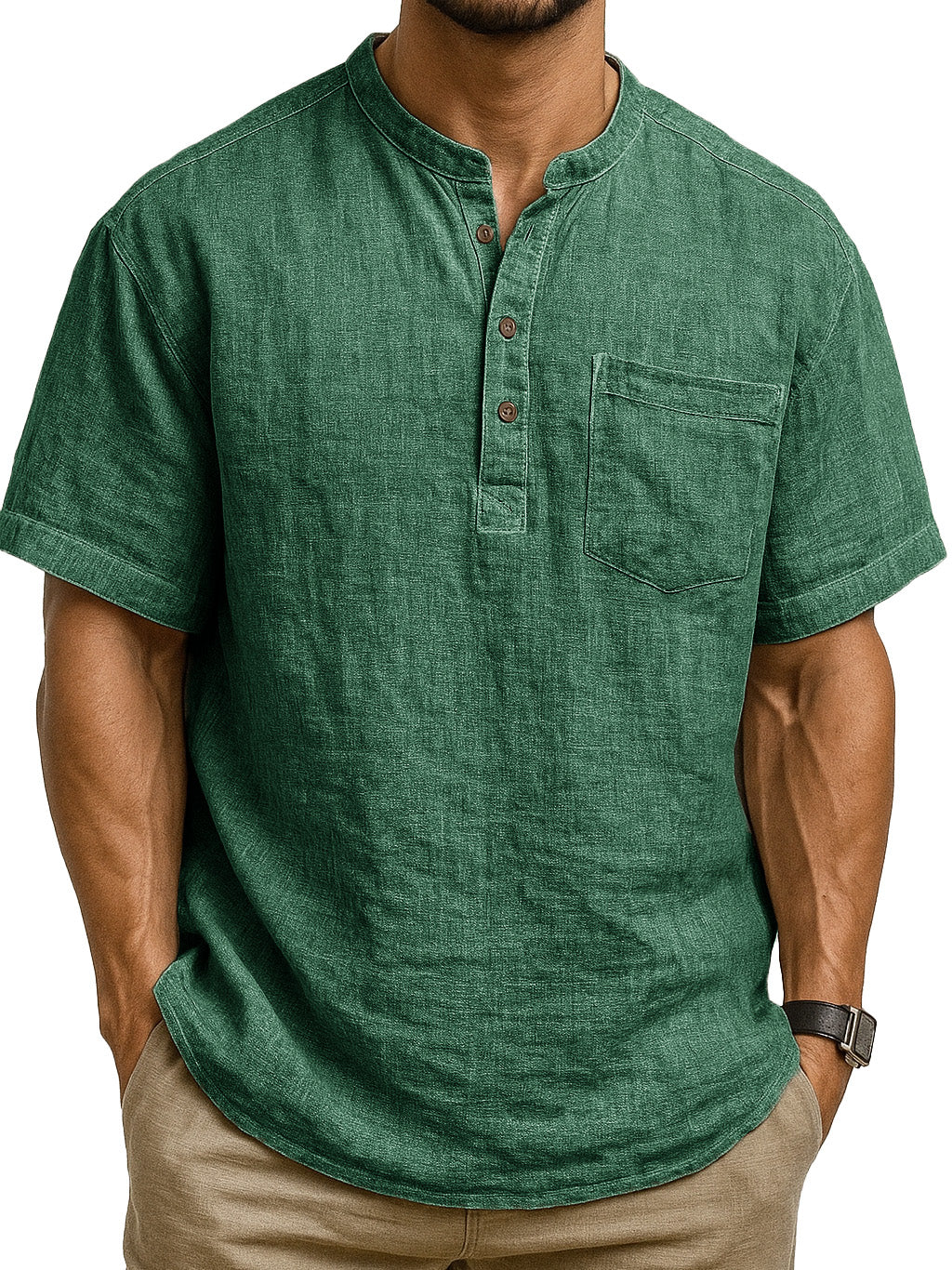 Men's Fashion Retro Ramie Fabric Pocket Short-sleeved Henley Shirt