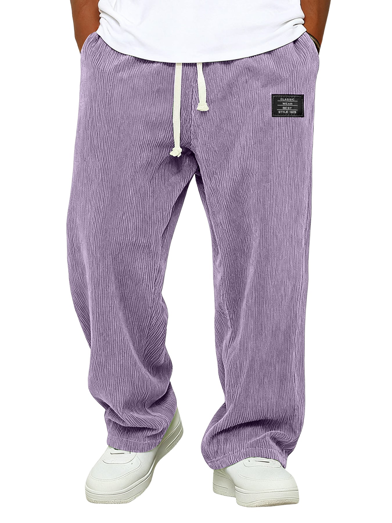 Simple Corduroy Embroidered Logo Loose-fitting Trousers With Elastic Waist