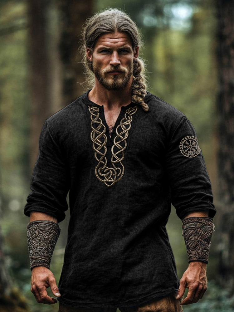 Men's Vintage Viking Symbol Linen V-neck Shirt