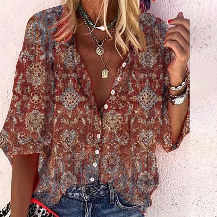 Popular fashion summer stand collar loose button retro print casual shirt
