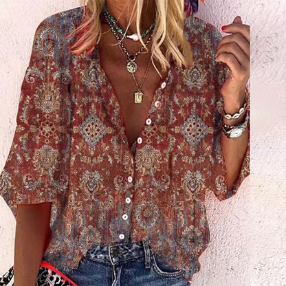 Popular fashion summer stand collar loose button retro print casual shirt
