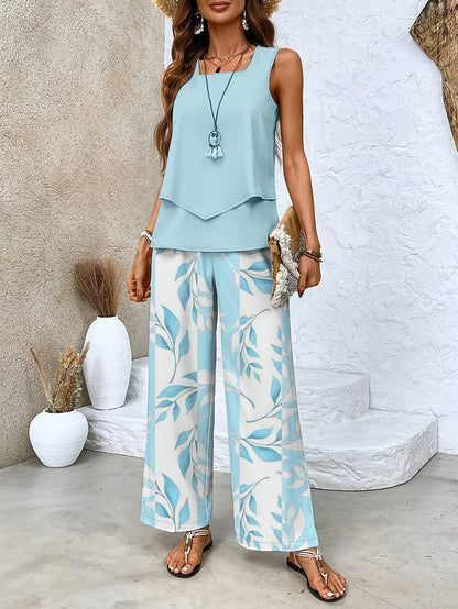 Green Plant Print Square Neck Two Piece Set